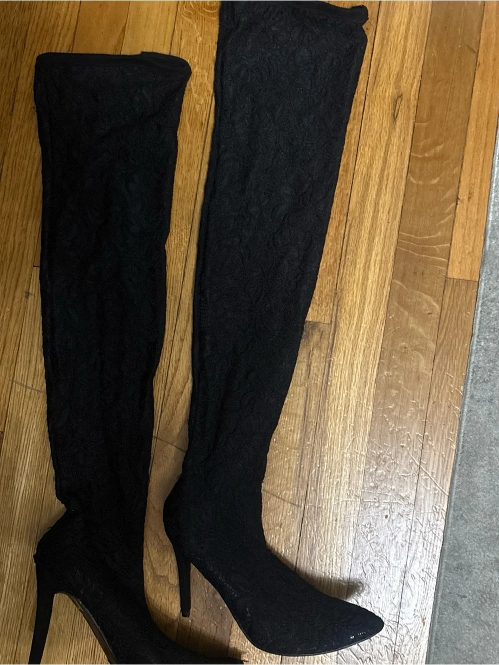 Anne Mitchell Dedicate Black floral lace Over the knee stiletto boots size 8.5